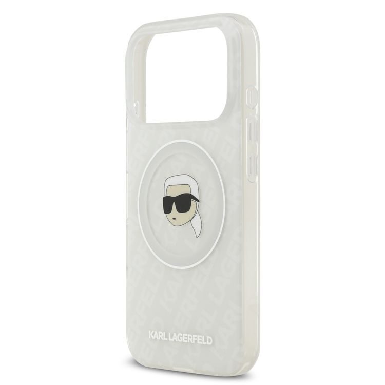 غطاء Karl Lagerfeld MagSafe IML Glitter & KL Repeated مع رأس كارل لجهاز iPhone 17 Pro، ذو تصميم نحيف، حماية من السقوط، سهل التركيب، تعبئة مستدامة، قبضة مريحة، تصميم خفيف الوزن - أبيض