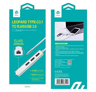 Devia Leopard Type-c3.1 To RJ45/USB 3.1 HUB (1000MBPS), Type-C Interface Expansion USB3.0*4, Efficient Transmission & Synchronous Response, Supports 4 Ports All At Once - Silver