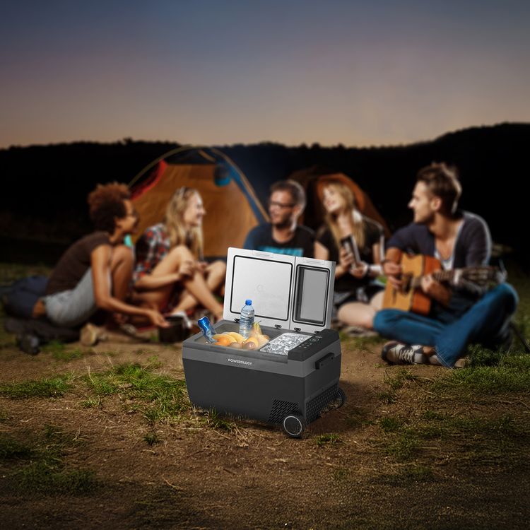 Powerology Portable Outdoor Fridge & Ice Maker with 32L Capacity, -20°C to 20°C Cooling Range, 120W Rated Power, Anti-Vibration Build, LED Interior Lighting - Black
