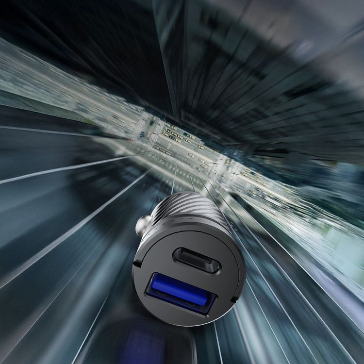 Powerology Pico Dual-Port Car Charger with Built-in Safeguards, 36W Power Delivery, Overvoltage Protection, Fast Charge, Universal Compatibility - Black