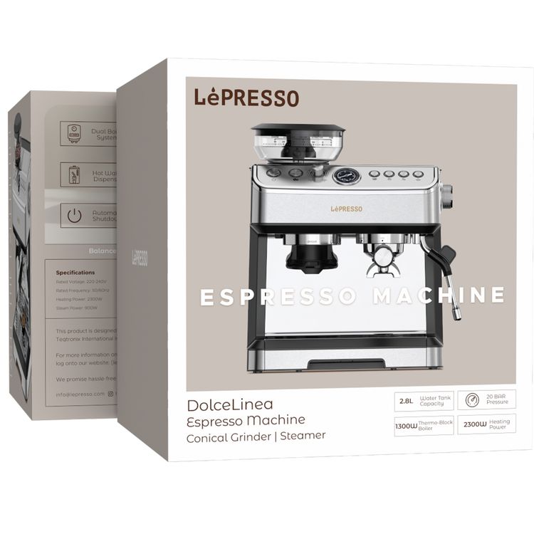 LePresso Dual Boiler Espresso Machine with Conical Grinder & Steamer Functions, 2.8L Water Tank Capacity, 2300W Heating Power, Hot Water Dispenser - Silver