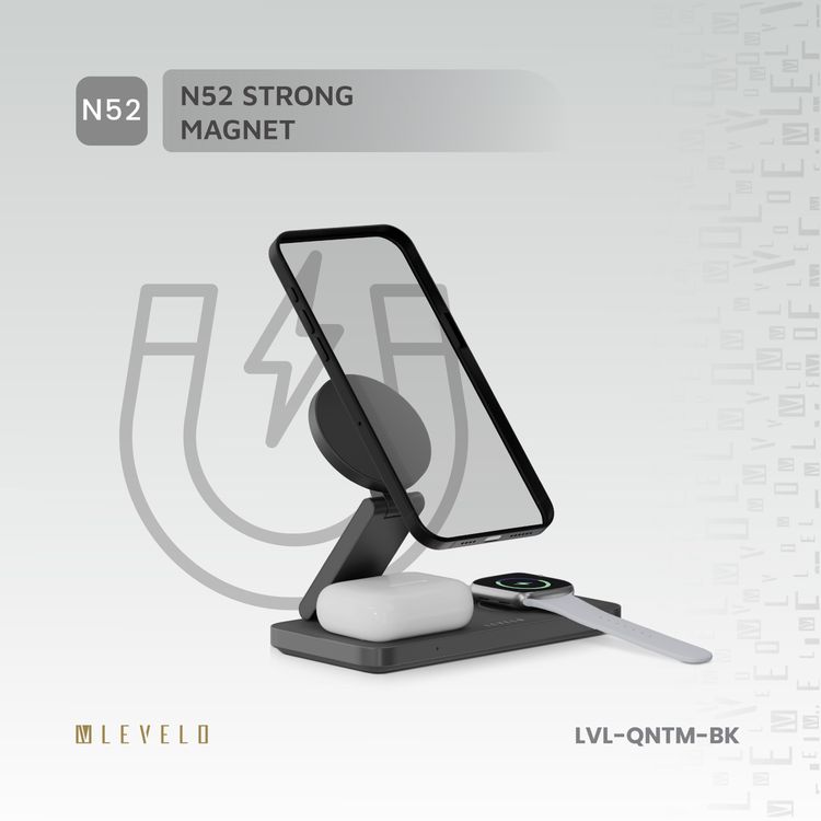 Levelo Quantum 3-in-1 Wireless Charger with 15W Phone Output, 5W AirPods Output, 3W iWatch Output, Strong N52 Magnet, LED Indicator, Compatible with MagSafe, Over Temperature Protection, Simultaneous Charging, Over Voltage Protection, Fast Charging, Foldable Design - Black