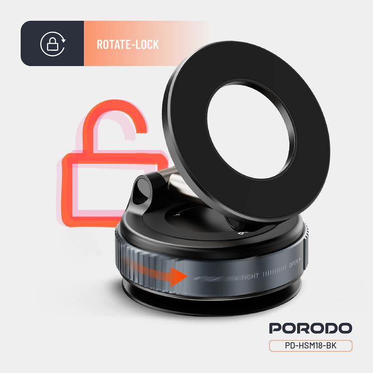 Porodo Vacuseal Rotate-Lock MagSafe Mount with N52 Magnets, Adjustable Viewing Angle, One-Hand Operation, Strong Suction, Horizontal & Vertical Modes - Black