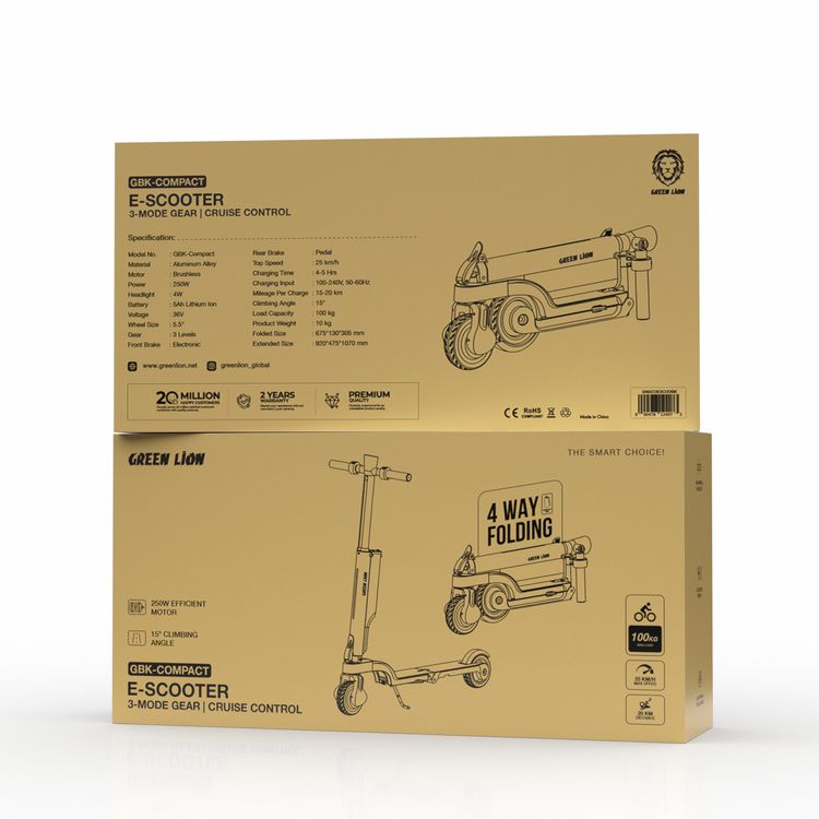 Green Lion GBK-Compact E-Scooter with 100kg Maximum Load Capacity, LED Digital Display, Electronic & Pedal Brakes, 25km/h Maximum Speed, Cruise Control - Black