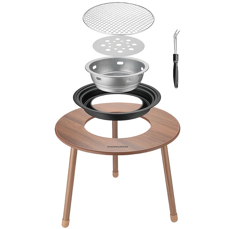 طاولة شواء خارجية دائرية من Porodo مع حلقة حماية من الحرارة، ووعاء فحم قابل للإزالة، مصنوعة من الفولاذ الكربوني - لون بني