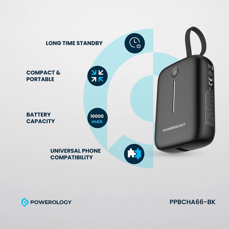 Powerology 10000mAh Power Bank with Detachable USB-C Wire, 20W Power Delivery, 3-Device Charging, Long Time Standby, Universal Phone Compatibility, Built-in Safeguards - Black