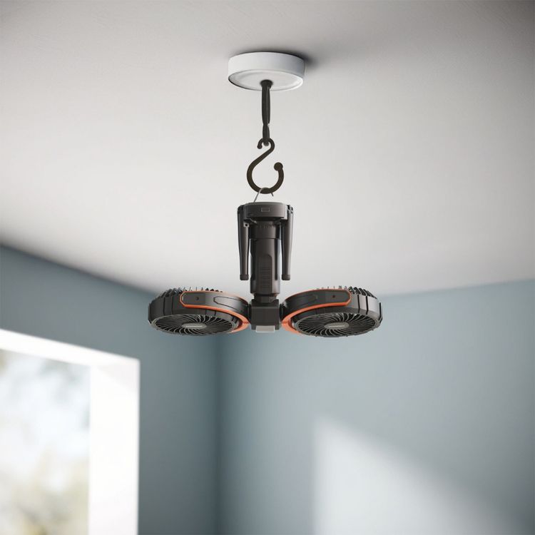 Porodo Lifestyle Dual-Head Oscillating Fan with LED Light, Power Bank, ABS & PP Material, 8000mAh Battery Capacity, Stable Tripod Base, Type-C Charging Port, 4 Levels Fan Speed, Hidden Hook - Black