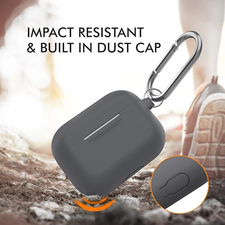 حافظة سيليكون فاخرة بتصميم ثلاثي الأبعاد من Ahastyle مع حلقة تثبيت متوافقة مع AirPods Pro - تصميم كلاسيكي مريح - غطاء مقاوم للغبار والصدمات يدعم الشحن اللاسلكي - رمادي غامق