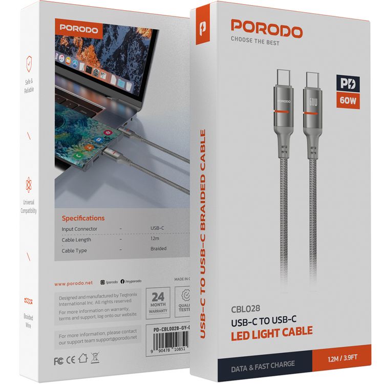 كابل بورودو USB-C إلى USB-C مع ضوء LED بقوة 60 واط، سرعة نقل تصل إلى 480 ميجابت في الثانية، طول الكابل 1.2 متر، شحن سريع ونقل بيانات، سلك مضفر - رمادي