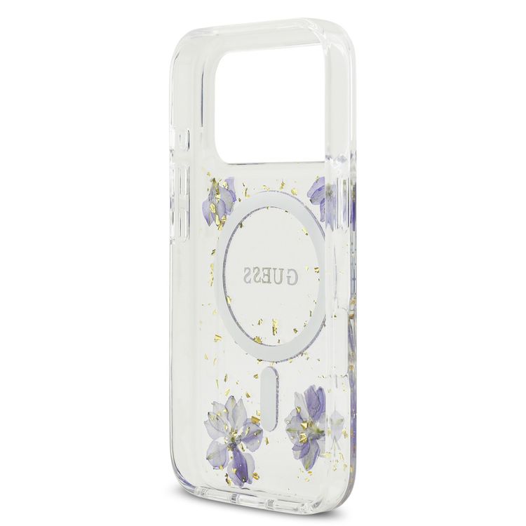 Guess MagSafe Resin Case with Flowers & Glitter Pattern for iPhone 17 Pro, Slim Profile, Drop Protection, Easy Snap-On, Sustainable Packaging, Comfortable Grip, Lightweight Design - Purple