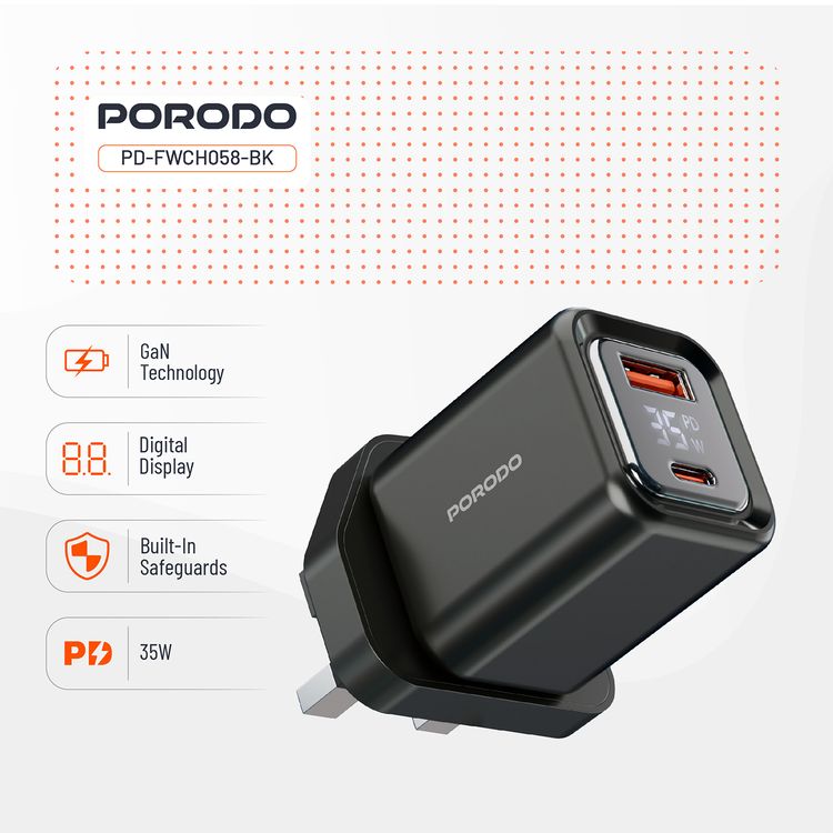 Porodo Dual-Port Quick Wall Charger with 35W Power Delivery, Built-in Safeguards, Digital Display, 0.8A Maximum Rated Current, GaN Technology - Black