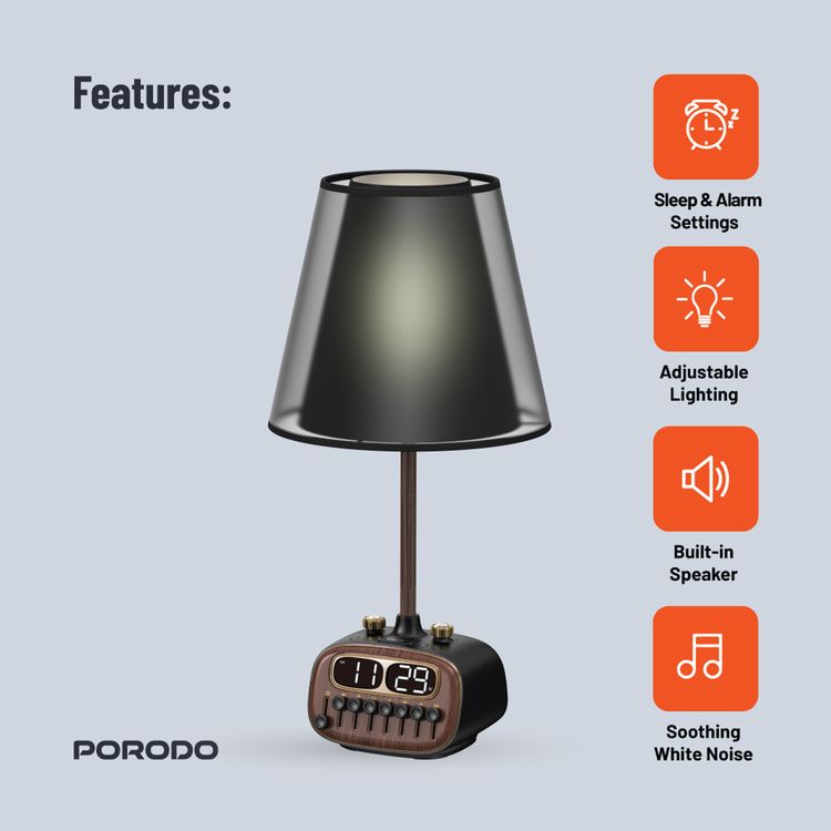 Porodo Retro Desk Lamp White-Noise & BT Speaker, Alarm and Snooze Function, Screen Display, 3 Brightness Levels (Low, Medium, High), Charging Ability, 8 Nature Sounds, USB-A Charging Port - Black 