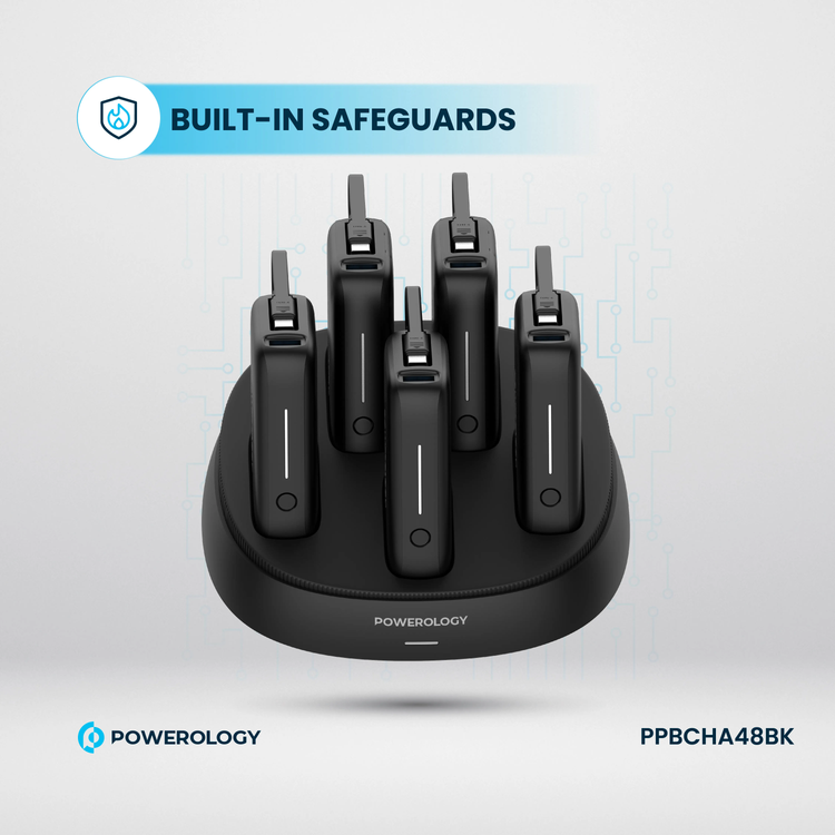 Powerology 5 x 10000mAh Power Bank Station with 50W PD, USB-A, USB-C, Type-C Built-in Cable, 12V/1A Max Contact Input, Rapid Recharging Station, High-Density Batteries, Type-C Built-in Cable, 5V/3A Total Output, Built-in Safeguards - Black