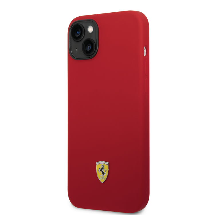 Ferrari Liquid Silicone Case with Black Camera Outline & Metal Logo iPhone 14 Plus Compatibility - Red