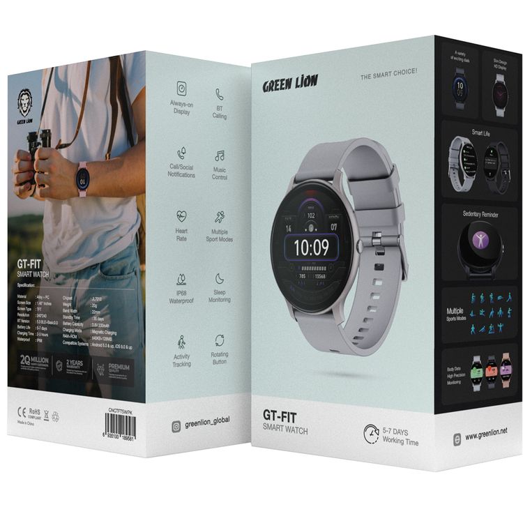 ساعة ذكية Green Lion GT-FIT، تتبع النشاط، مراقبة النوم، زر دوار، عمر البطارية من 5 إلى 7 أيام، أوضاع رياضية متعددة، مقاومة للماء، وقت استعداد 35 يومًا، إشعارات المكالمات/الاجتماعات