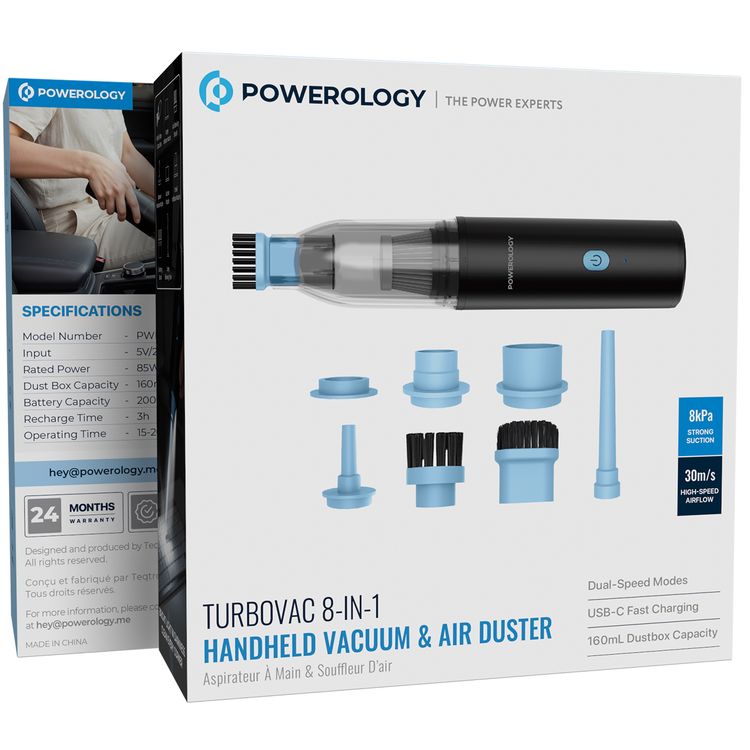 Powerology Turbovac 8-in-1 Handheld Vacuum & Air Duster, 2 Speed Modes, 85W Rated Power, 15-20 Minutes Operating Time, 75dB Noise Level, LED SOS Lightning, Washable HEPA Filter, USB-C Fast Charging - Black