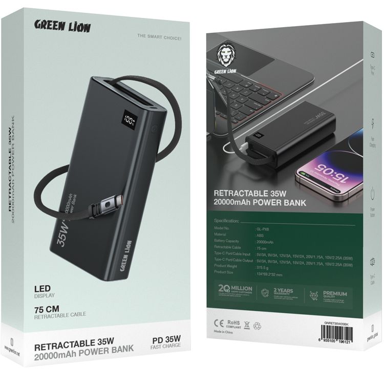 Green Lion Retractable 20000mAh Power Bank with 35W Power Delivery, LED Display, 75cm Cable Length, Type-C Port, Fast Charge Support - Black