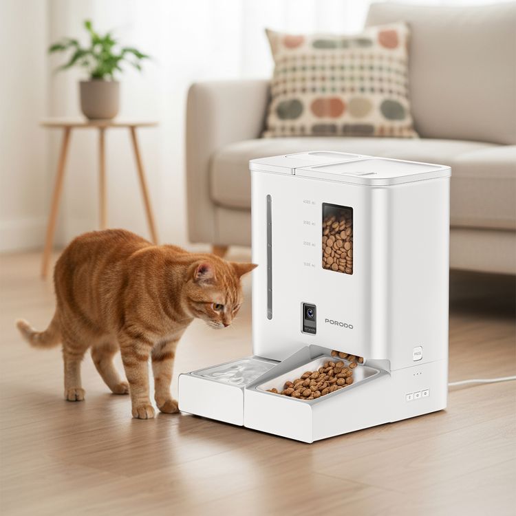 Porodo PetMate Automatic Pet Feeder & Water Dispenser with Wi-Fi & App Control, 5L Food Tank Capacity, 4L Water Tank Capacity, Compatible with 3-10mm Dry Kibble, HD Real-Time Camera Monitoring, Smart Feeding Control, Easy-to-Clean Design - White