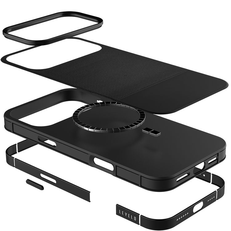 Levelo Cuir Leather Hybrid Case with Comfortable Grip for iPhone 17 Pro Max, Strong Magnets & MagSafe Compatible, Shock-Resistant Bumper, Aluminum Alloy Frame for Camera & Buttons, Drop-Tested - Phantom Black