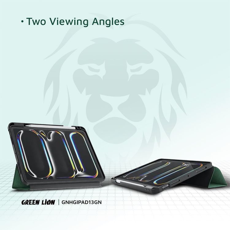 Green Lion Hogo Premium Case with Pencil Holder for iPad Pro 13", Auto Wake, Ultra Slim Fit, Stable Tri-Fold Stand, Built-in Pencil Holder, Magnetic Smart Cover, Auto Sleep/Wake - Green
