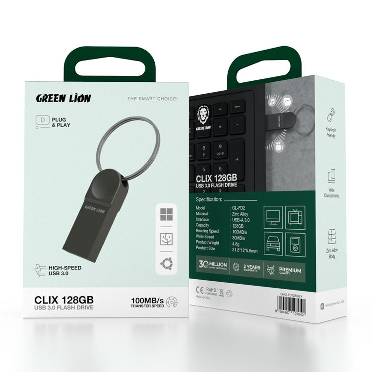 Green Lion CLIX 128GB USB 3.0 High Speed Flash Drive, Keychain Friendly, Plug & Play, 30MB/s Write Speed, 100MB/s Reading Speed, Zinc Alloy Body, Wide Compatibility - Gray