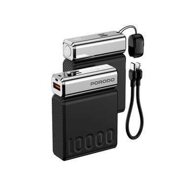 Porodo Chromevolt 10000mAh Power Bank with LED Digital Display, 35W PD Type-C & Lightning Outputs, 22.5W QC USB-A Output, Fast Charging Technology - Black