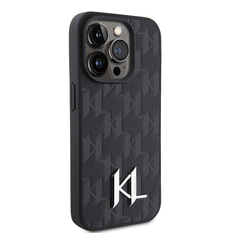 Karl Lagerfeld Hot Stamp Hard Case with Monogram KL Metal Logo for iPhone 15 Pro Max - Black