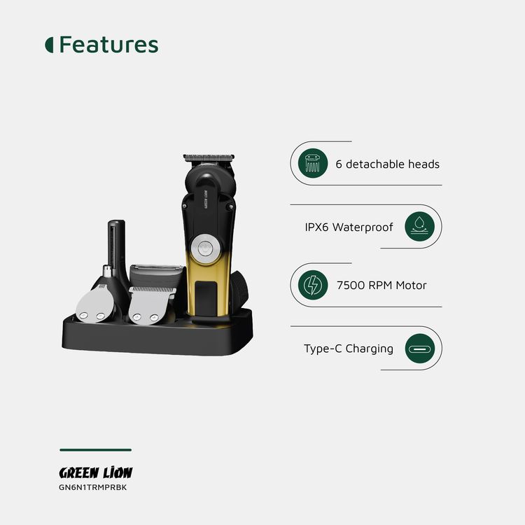 Green Lion 6-in-1 Trim Pro Grooming Kit with 3/6/9/12mm Limit Combs, Digital Display, Storage Base, Type-C Charging, 2 Speed Levels, 2 Hours Working - Black