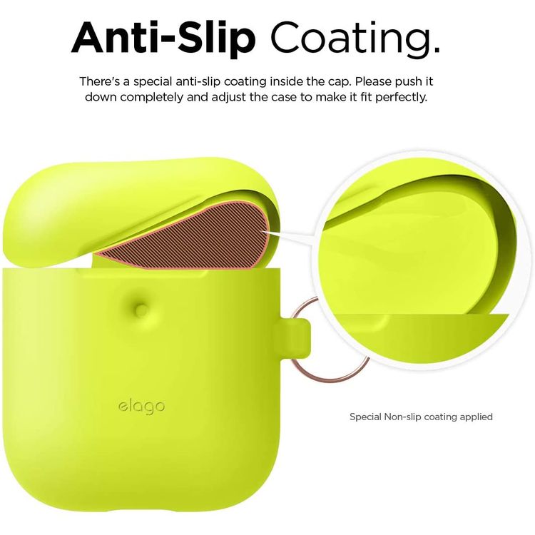 Elago Silicone Case with Anti-Lost Keychain Compatible with Apple AirPods 1/2 Wireless Charging Case, Front LED Visible, Anti-Slip Coating Inside, Premium Silicone - Neon Yellow