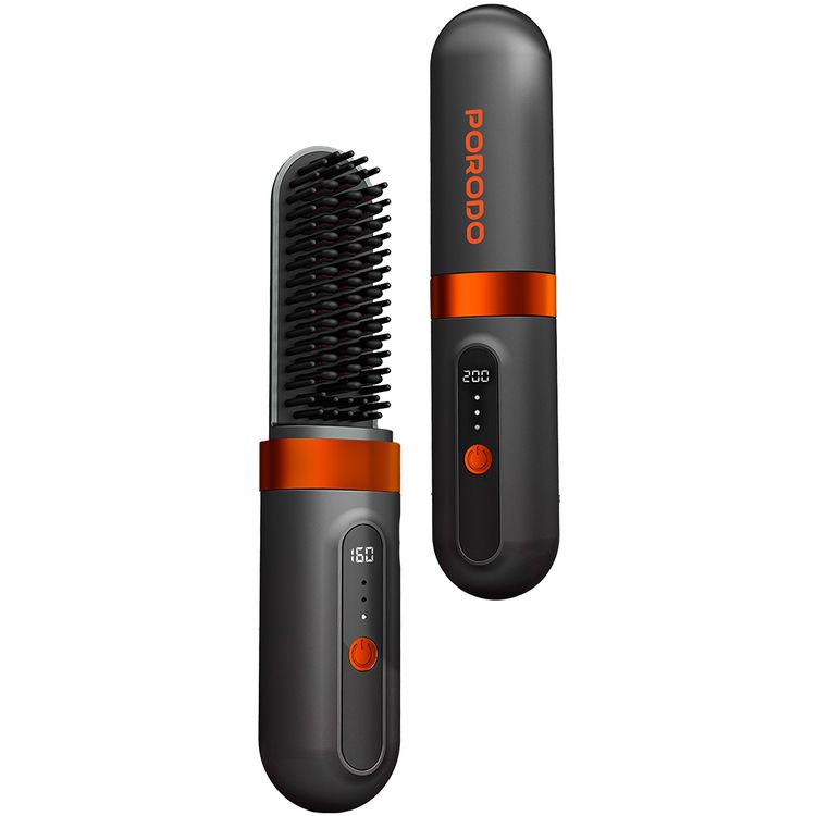 Porodo Lifestyle Portable Heated Styling Brush with PTC and Ceramic Heating Plate, 3 Temperature Settings, Type-C Charging Port, 4000mAh Battery Capacity, 1 Hour Working Time, Portable Design - Black 