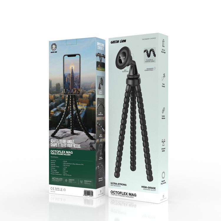 Green Lion Octoflex Mag Tripod Phone Holder with MagSafe Compatibility, High-Grade Aviation Alloy, 16 × N52 Ultra-Strong Magnets, Solid Rod Arm, Rotary Lock Knob, TPE Rubber Outer Layer, 33.5cm Max Height, Travel Friendly, Magnetic Ring Included, Flexible Tripod Legs - Black