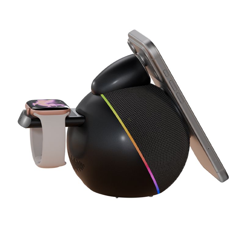 Levelo Aira 2-in-1 Wireless Charger with Built-in 10W Speaker, Shock-Absorbing Bottom Pad, Dual-Frequency Bionic Cavity, Ambient Glow Light, Qi2.2 Technology, Integrated Sound, N52 Strong Magnets, 10m Transmittance Distance, Compact Sphere Design, Impressive Sound - Black