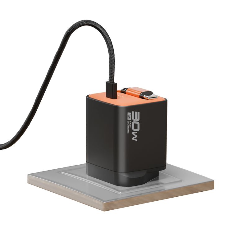 Porodo Tezpatro 30W GaN Charger with USB-C Retractable Cable, 0.8A Rated Current, 30W Power Delivery, 80cm Cable Length, Flame-Retardant Housing, Fast Charge Support - Black / Orange