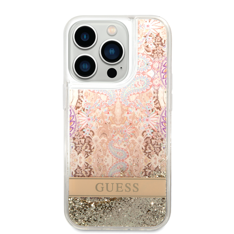 Guess Liquid Glitter Case with Flower Pattern Extra Shine Smooth Touch Feel iPhone 14 Pro Compatibility - Gold