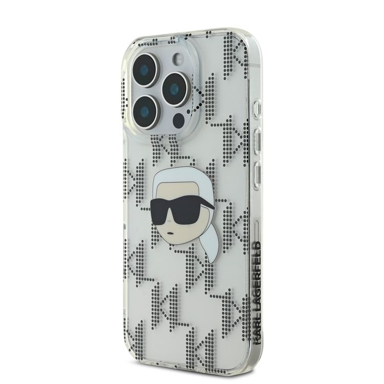 جراب Karl Lagerfeld IML الصلب مع تصميم Karl Head &amp; Monogram مطلي بالكهرباء لهاتف iPhone 16 Pro - شفاف