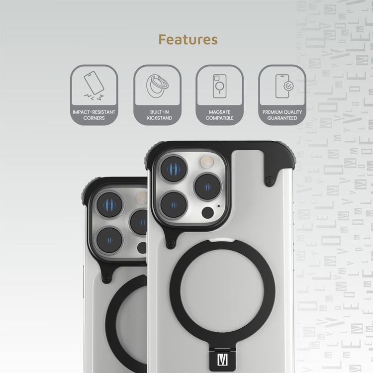 Levelo Metallo Aluminum Bumper Case for iPhone 16 Pro Max, MagSafe Compatible, Metal Kickstand, Impact Resistant Corners - Black 