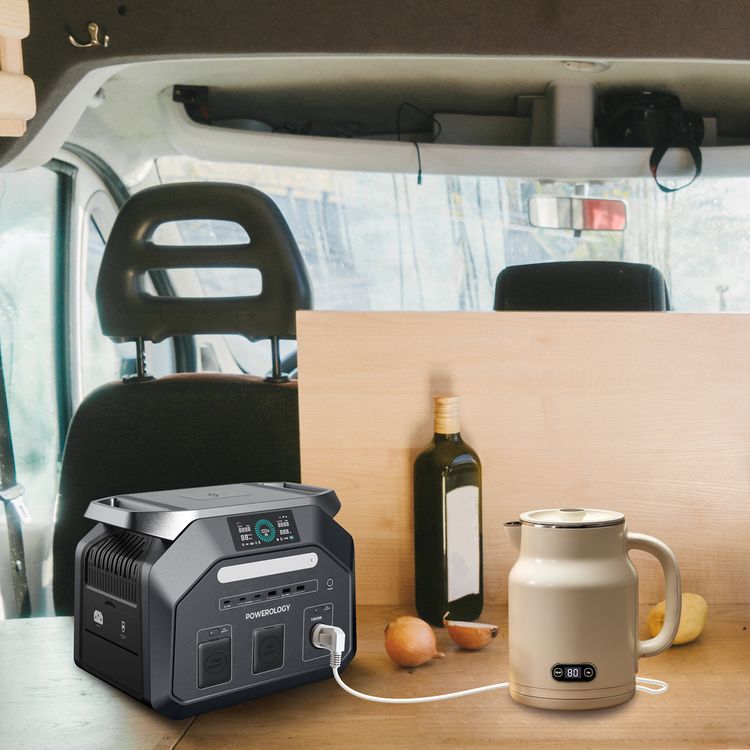 Powerology 1800W Portable Power Station with Flashlight, PD 100W, Carry-Handle, Solar Charger, 1.2 Hours Fast Charging Time, ×3 USB-C, ×3 USB-A, Car Socket, ×2 AC Outlet & DC Ports, Easy-Access Storage, Smart LCD Screen - Black