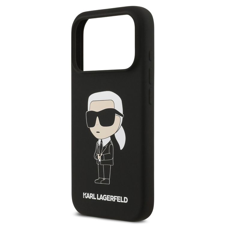 غطاء كارل لاغرفيلد من السيليكون السائل بشعار Ikonic NFT لهاتف آيفون 17 برو ماكس، حماية من السقوط، تصميم نحيف، سهل التركيب، تغليف مستدام، قبضة مريحة، تصميم خفيف الوزن - أسود