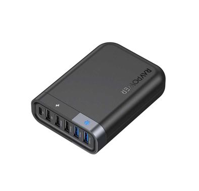 RAVPower 6-Port USB Charger Filehub 60W QC 3.0 with USB-C 24W PD Fast Charging - Backup Function - iSmart Port - USB Charging Station Filehub Compatible for Phone & Tablet - Black