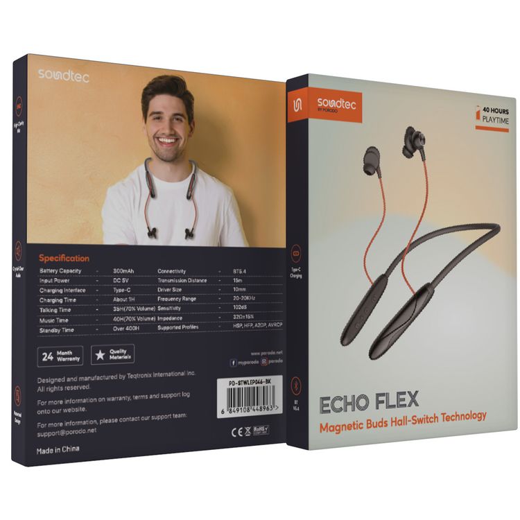 Porodo Echo Flex Magnetic Buds with Hall-Switch Technology, ENC, Crystal Clear Audio, High-Clarity Microphone, Patented Design - Black