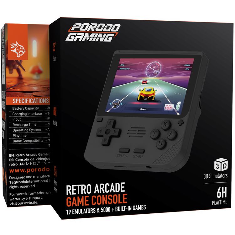 وحدة تحكم ألعاب Porodo Gaming Retro Arcade، محاكي ثلاثي الأبعاد، تصميم مريح، تشغيل صوتي غامر، شاشة IPS مقاس 3.5 بوصة، عمر بطارية 6 ساعات، بطارية 3000 مللي أمبير في الساعة - أسود