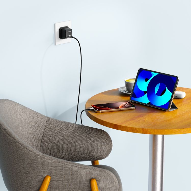 Powerology QX 45W Pocket-Sized GaN Adapter with Safety Protections, 1m USB-C to USB-C Cable Included, USB-C Port, Ultra-Compact Design, UK 3-Pin Plug, PD 45W - Black / Gray