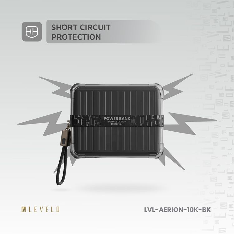 Levelo Aerion Portable 10000mAh Power Bank with Luggage Design, LED Display, Over Current Protection, Lithium-ion Battery, Grip Cable, Fast Charging Support - Black