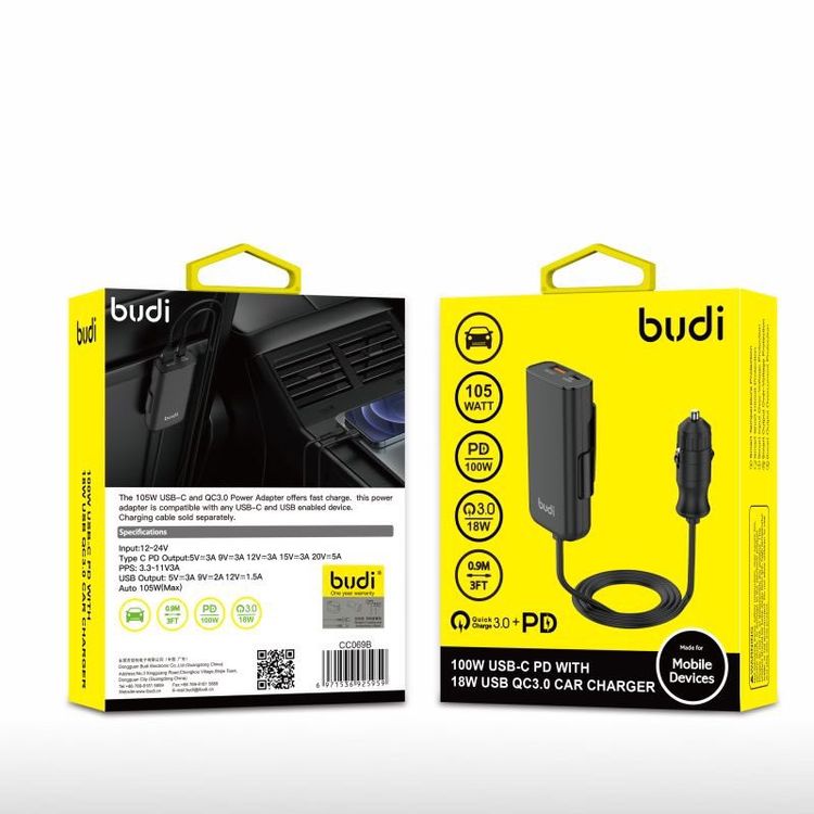 Budi Car Charger 118W PD & QC.30