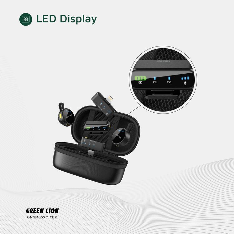 Green Lion GM-85X 3-in-1 Wireless Microphone with 360° Omnidirectional, Type-C and Camera and Lightning Devices, Reverb Mode, 20-40m Transmission Range, 6 Hours Working Time, 28 Hours Case Battery Life, Type-C Charging Port, 120 Minutes Charging Time, LED Display - Black