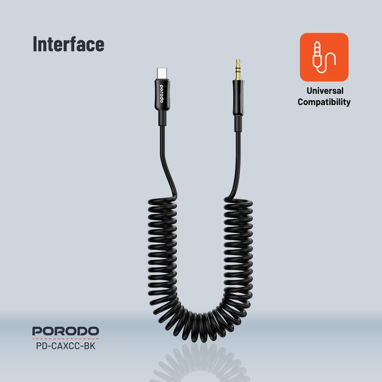 Porodo 3.5mm AUX to USB-C Coiled Audio Cable with 1.2m Length, Universal Compatibility, Auto-Retract & Tangle-Free Design - Black