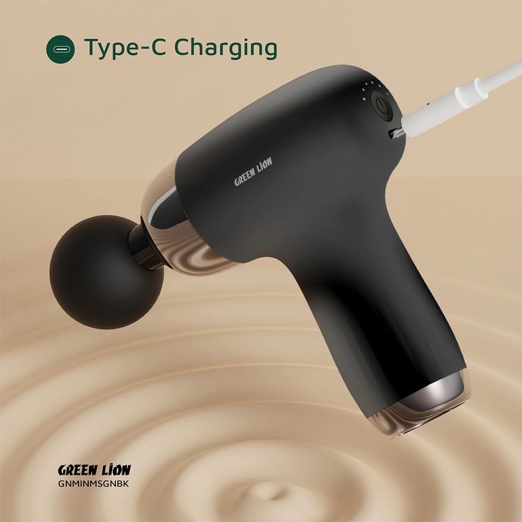 Green Lion Mini Massage Gun with 4 Massage Heads & 6 Speed Levels, ABS Material, Up to 2 Hours Working Time, Auto Shut-Off Function, 1200-3200 RPM Range, 24W Power, Brushed Motor, 1200mAh Battery - Black