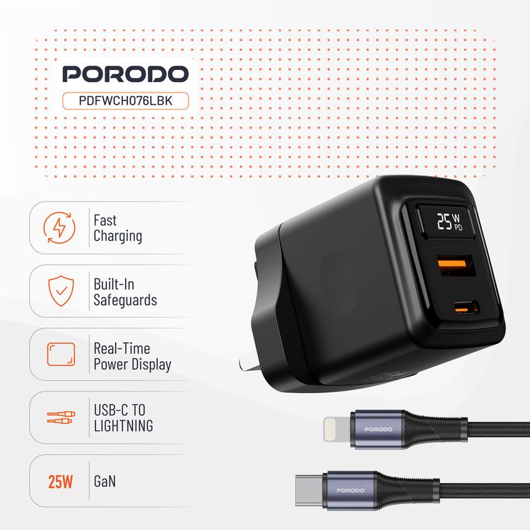 Porodo GaN Wall Charger with USB-C to Lightning Cable, 1m Cable Length, USB-A & USB-C Ports, 25W Power Delivery, Built-in Safeguards, Fast Charge Support, Multiple Device Charging, Digital Display - Black