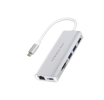 Powerology 7 in 1 USB-C Hub Ethernet & HDMI with PD 87W - Silver