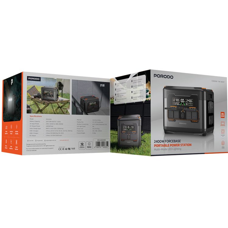 Porodo 2400W Forcebase Portable Power Station with Multi-Mode LED Lighting, 100W Power Delivery, Instant Backup Power, Solar Charge, Versatile Output Ports - Black / Orange
